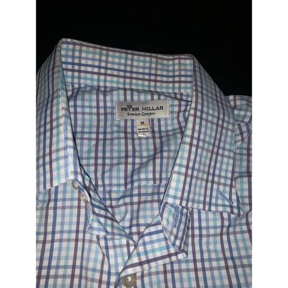 PETER MILLAR Men Size M Blue Multicolored Plaid Cotton Stretch Button-Up Shirt - Picture 3 of 8